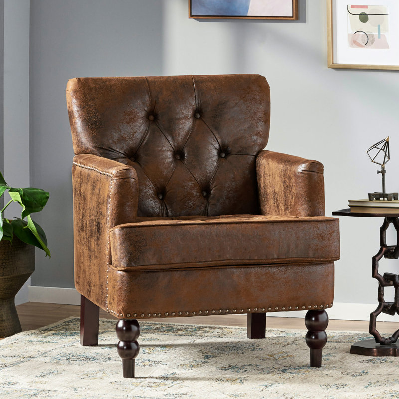 Fauteuil moderne en microfibre, brun, avec coutures en losange, garniture cloutée et pieds en bouleau, Brown