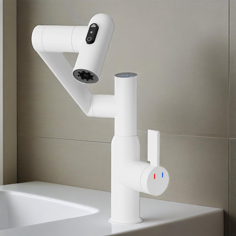 Bathroom Sink Faucet With Spray Function And Temperature Display For Anti-skid Switch And Hot & Cold And 360° Rotary
