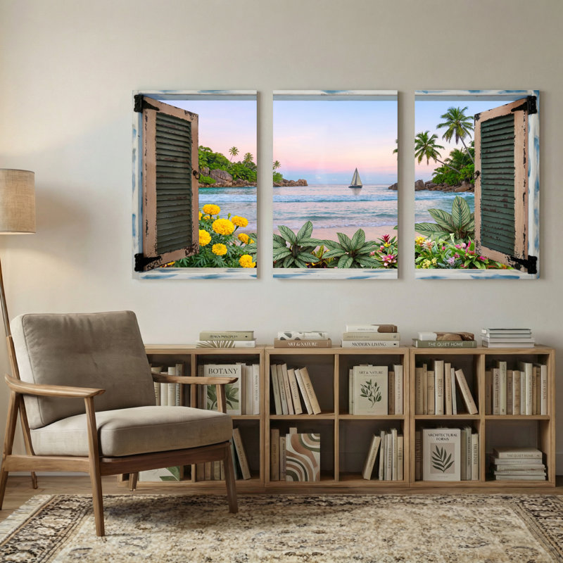 Landscape & Nature Tropical Beach View Through Window Shutter, 30" H x 60" W