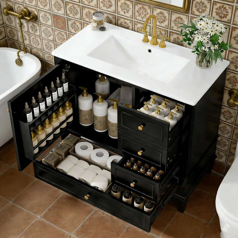 Bathroom Vanity with Sink, 3 Drawers and Door Shelves, Black