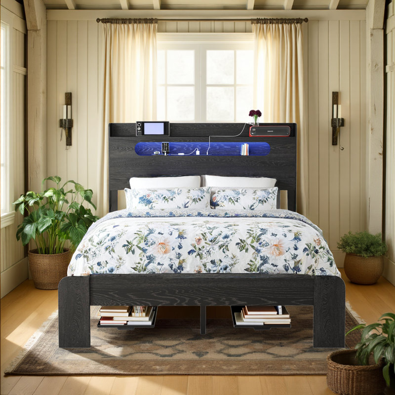 Lit plateforme avec tête de lit à DEL, ports USB et rangement sous le lit, Grand lit