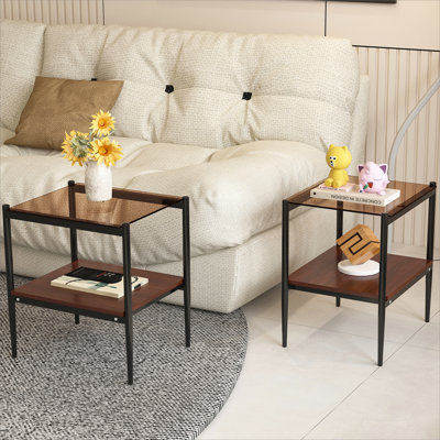 Ensemble de 2 tables de bout rectangulaires, plateau en verre trempé avec panneau de fibres à densité moyenne, table de salon moderne