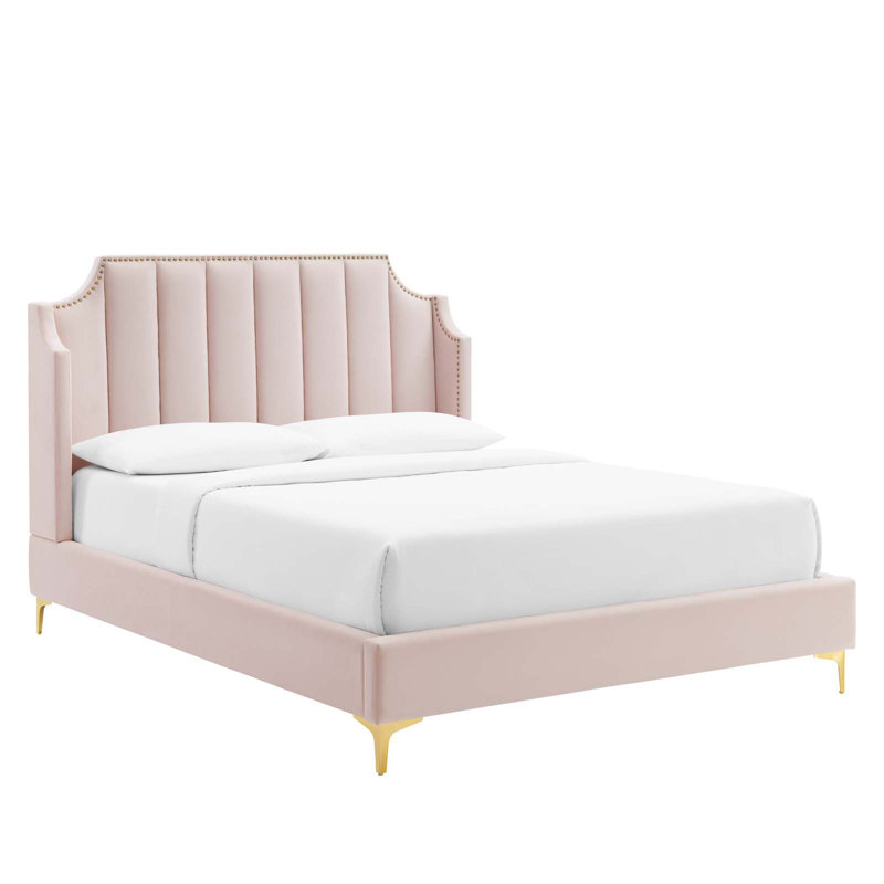Pink Velvet Queen Platform Bed with Tufted Headboard and Nailhead Trim