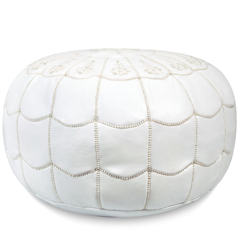 Leather Pouf, White Genuine Leather