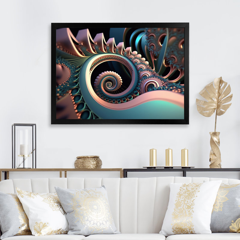 «Gold and Turquoise Fractal Spiral II», reproduction sur toile, H 34 po x l 44 po x P 1,5 po, Cadre photo noir