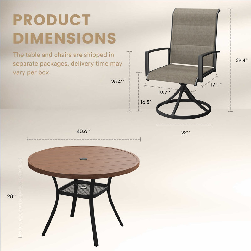 Ensemble repas d'extérieur 4 personnes avec chaises pivotantes, Brun / noyer / noir