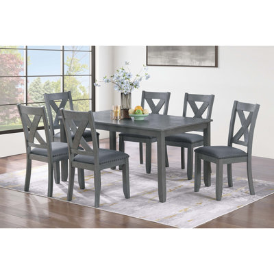 Gray Finish Dining Table 6x Chairs 7pcs Dining Set Cushion Seat Nailhead X-Cross Back Chairs Dining Room Furniture Modern Style