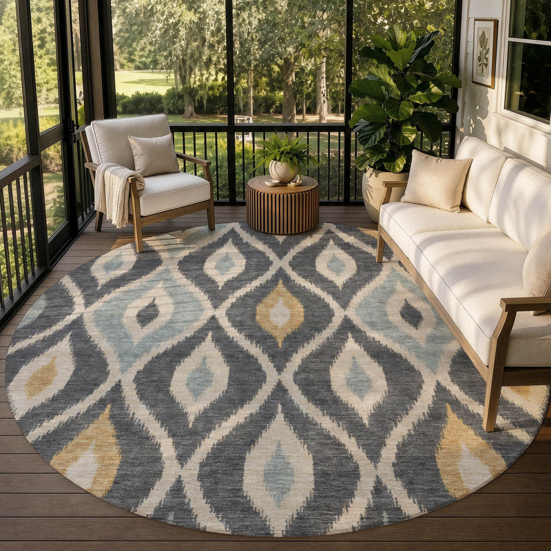 Tapis ikat intérieur / extérieur lavable à la machine Chantille ACN3121, Charcoal, Rond 8 pi