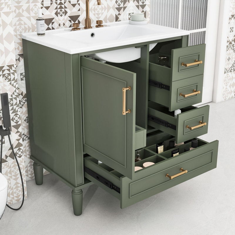 Meuble-lavabo simple autoportant en bois Fetush Modern avec lavabo en céramique et grand rangement, Vert olive