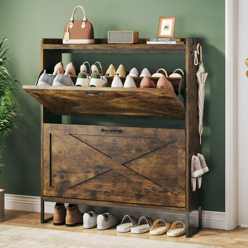 Shoe Cabinet With 2 Flip Drawers Rustic Wood Shoe Storage For Entryway