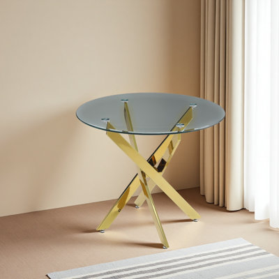 The Modern Circular Tempered Glass Tabletop Is Paired With A Iron Frame, Measuring 35.43 Inches In Length.