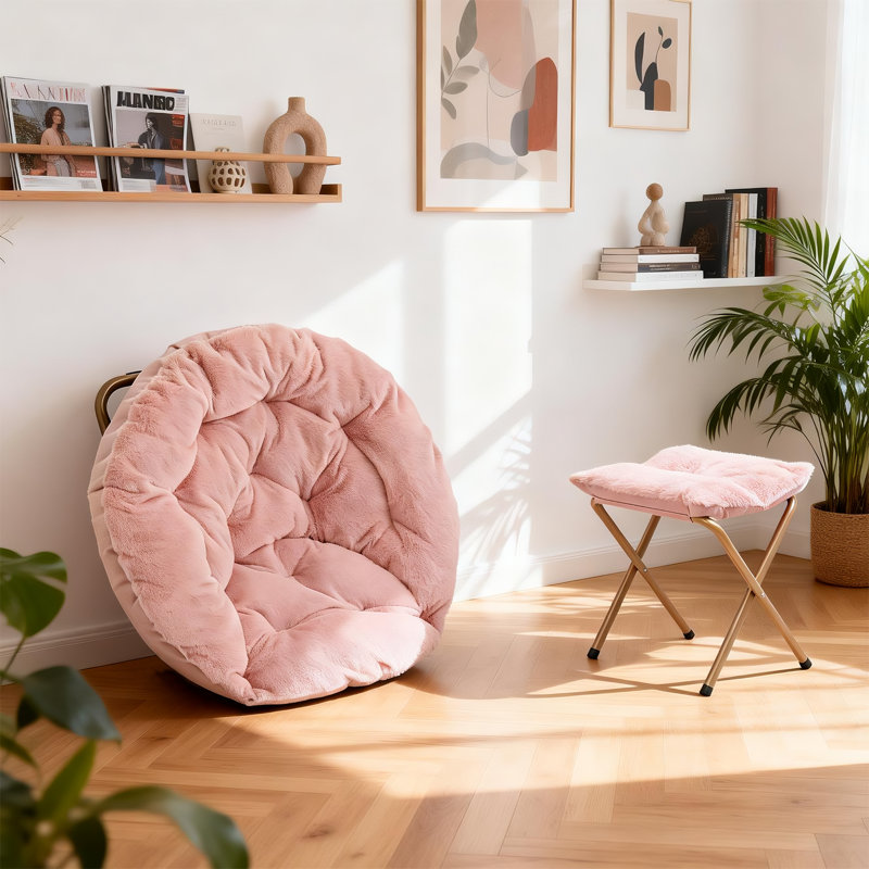 Upholstered Saucer Chair With Ottoman, Folding Papasan Chair Soft Faux Fur Accent Chair For Living Room Bedroom, Pink