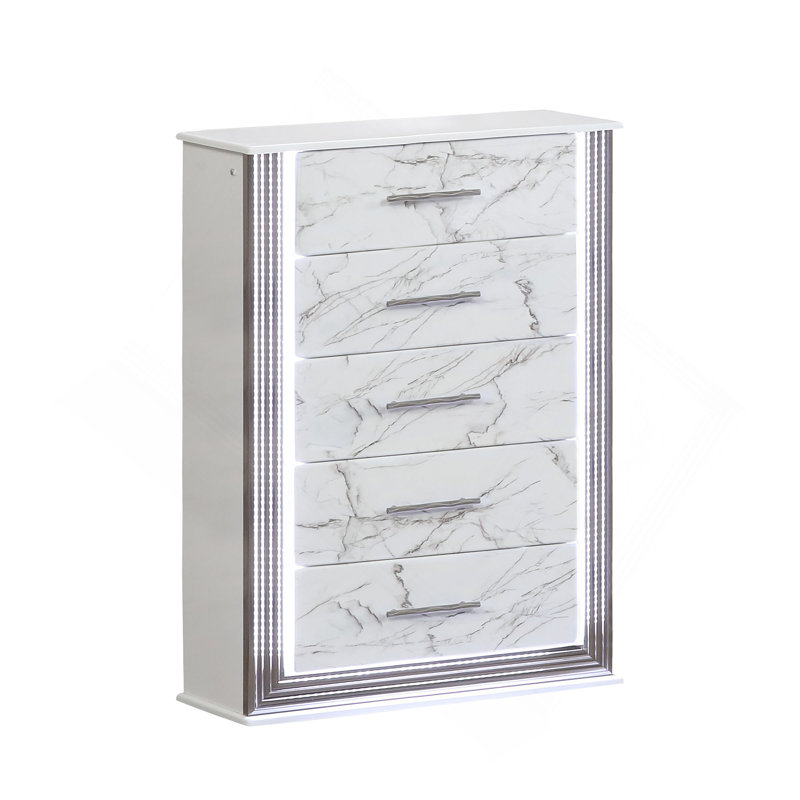 Commode à tiroirs en marbre avec panneaux latéraux à DEL et garniture métallique pour une organisation de chambre spacieuse et élégante