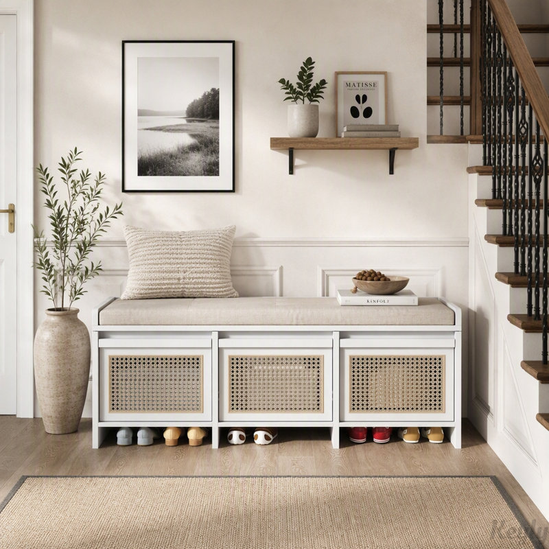 Banc de rangement rétro avec tiroirs en rotin et coussin capitonné, White