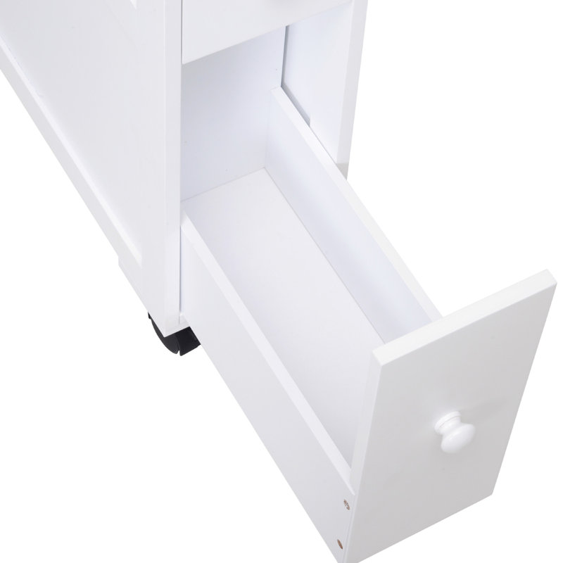 White Narrow Bathroom Shelf Cabinet With Locking Wheels And Storage Slim Compartments