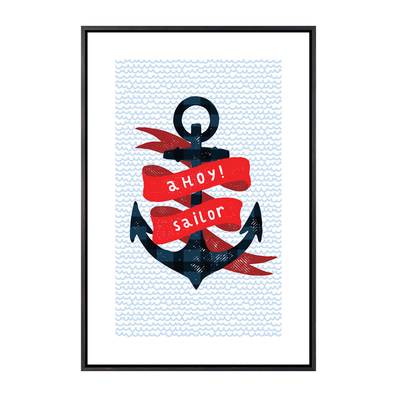 Nautical Anchor - impression d'art graphique, Pas de tapis, H 60 po x l 40po x P 1,5 po, Toile avec cadre noir patiné