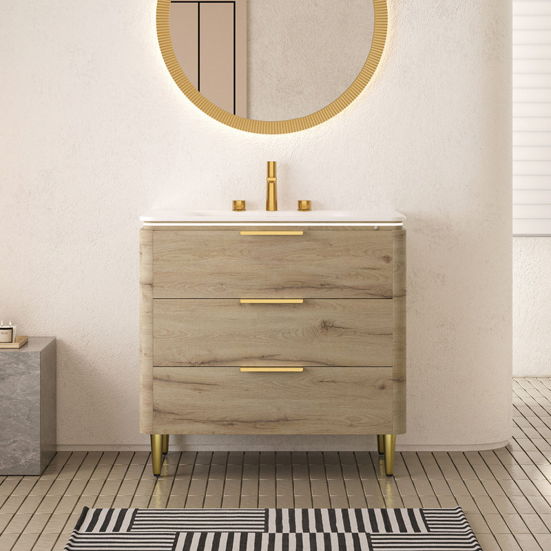 Meuble-lavabo de salle de bain 36 po avec évier, meuble de rangement autoportant en contreplaqué à bords arrondis avec 3 tiroirs, lavabo intégré en pierre frittée blanc de Carrare, pré-assemblé
