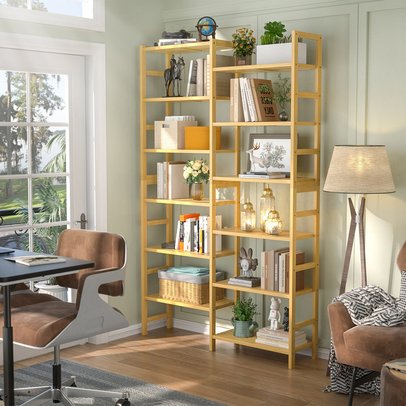 Bamboo Bookcase, 6-Tier Large Open Bookshelf  With Display Shelves, Natural, (12 Shelves) 72.44"H x 41.14"W x 10.63"D