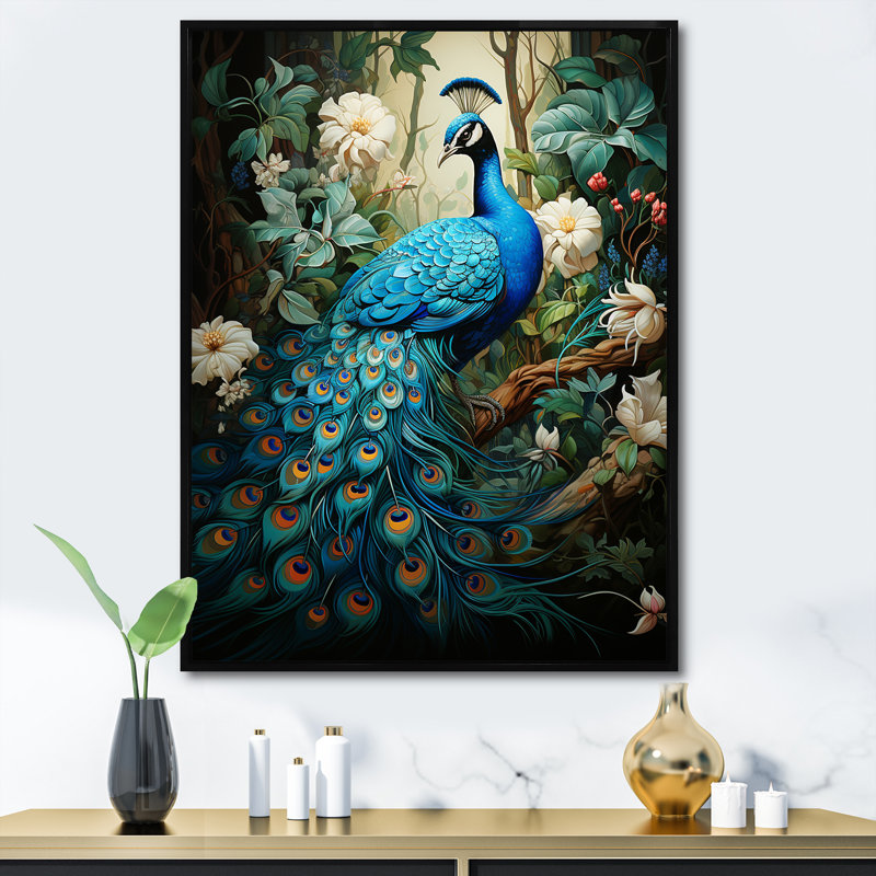 Zellie Teal Peacock Monochrome Framed On Canvas Print, 40" H x 30" W, Wrapped Canvas, No Frame