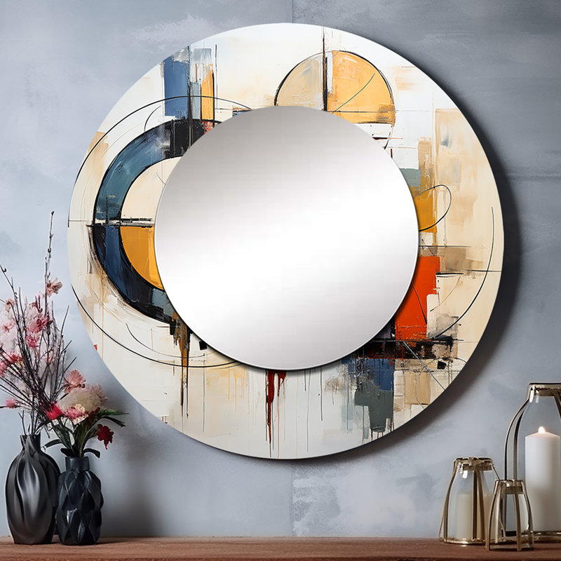 Coloré Mid-Century abstrait Fusion I - miroir moderne de style Mid-Century, miroir mural rond unique de style Mid-Century, impression d'art en métal
