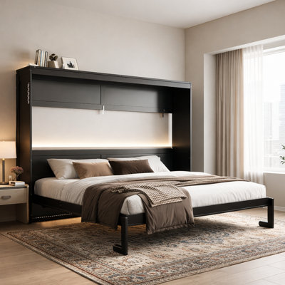 Murphy Bed, Space-Saving Side-Folding Design, Wood, Led Lighting & Usb Port, Modern & Contemporary, Multifunctional Room