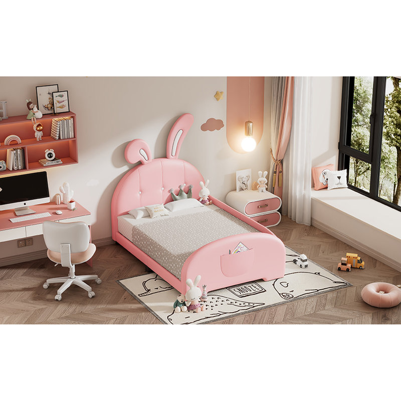 Lit simple tapissier princesse en forme de lapin, lit plateforme simple avec tête et pied de lit, Rose