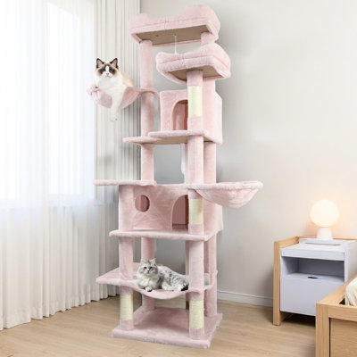 Arbre à chat rose de 173 cm (68 pouces) à plusieurs niveaux pour les familles, avec 6 espaces pour grimper et sauter, coussins amovibles faciles d'entretien, poteaux à griffer et hamacs confortables.