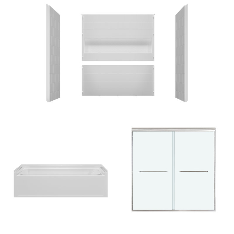 WOODBRIDGE 60" x 32" Alcove Soaking Bathtub and 4-Piece Direct-to-Stud Surround with Left Drain, including 56–60" Double Sliding Tub Door, Clear Tempered Glass in Brushed Nickel Finish