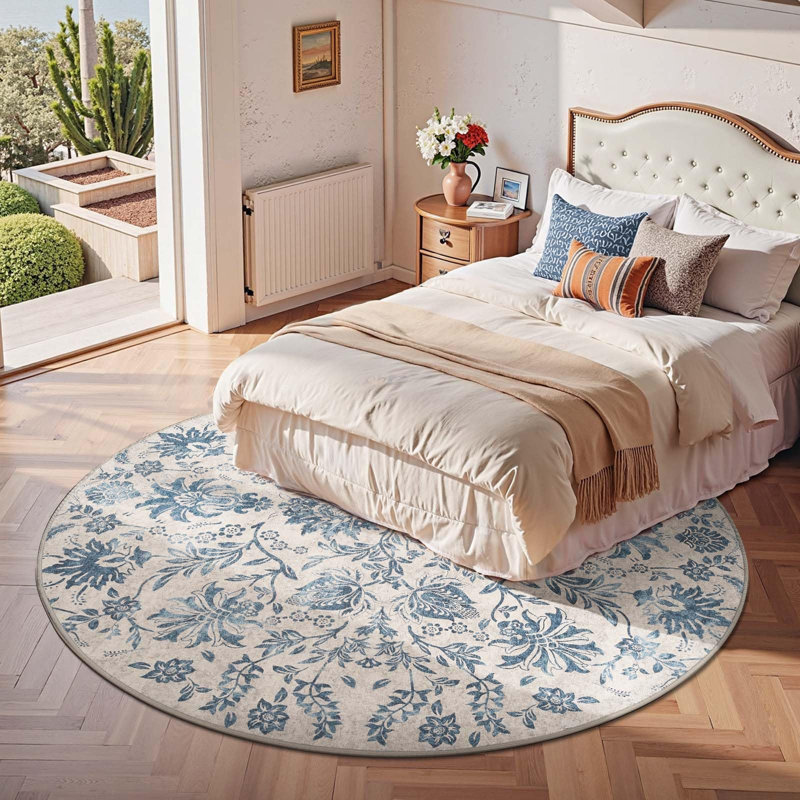 Geometric Floral Washable Non-Slip Area Rug, Timeless Dark Blue, 7'R