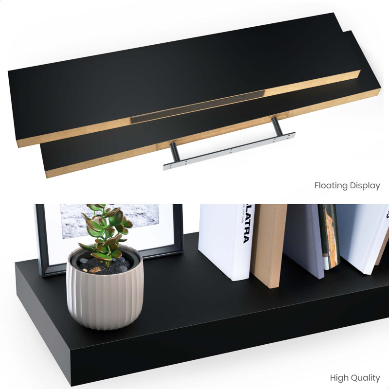 Black Wood Floating Wall Shelves Set with Invisible Brackets