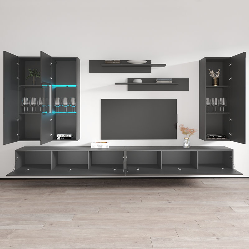 Vreeland 126" Modern Floating Wall Mounted Entertainment Center with 16-Color LED Lighting, High Gloss Finish, Gray
