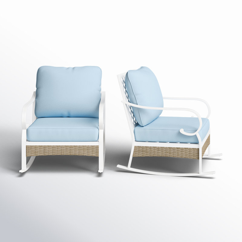 Metal Outdoor Rocker & Glider Lounge Chair, Blue Cushion/White Frame