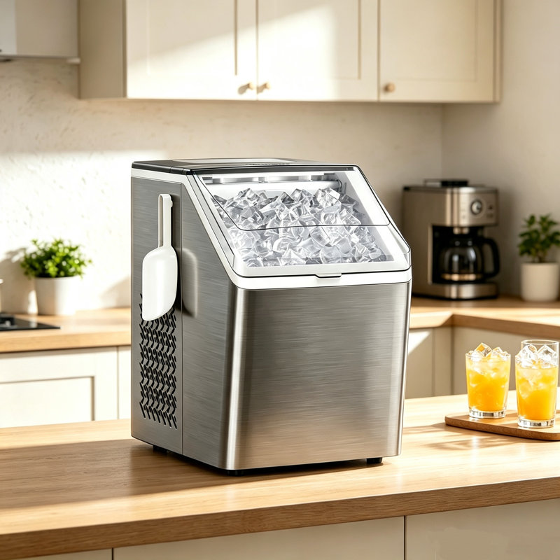 Comptoir en acier pour machine à glaçons avec capacité de production quotidienne de 44 lb, 2 façons d'ajouter de l'eau, épaisseur de glace personnalisable et commodité autonettoyante, convient aux réunions de famille, aux cuisines et aux espaces de travail.