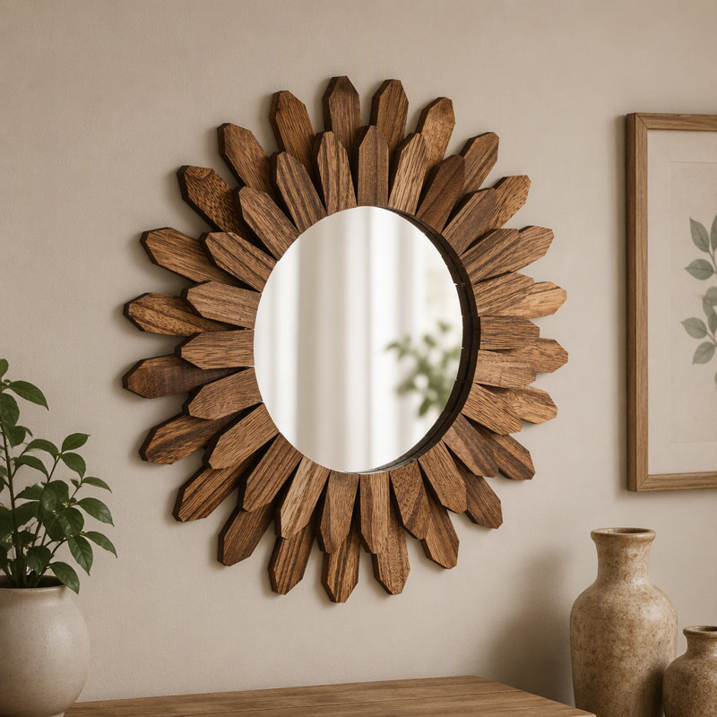 Miroir mural rustique en bois de 30 cm, style bohème effet soleil