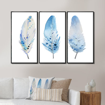 Blue Boho Feathers II - 3 pièces, reproduction sur toile