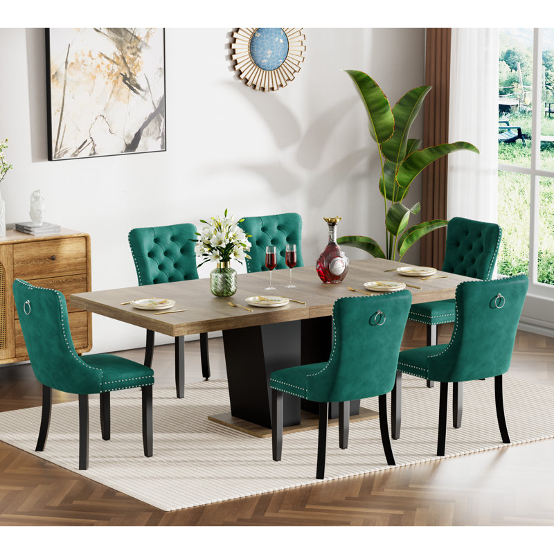 62.99" -78.74" Extendable Dining Table Set, Black&Brown Dining Room Table & Velvet Dining Chairs with Wood Leg, Rustic Kitchen Dining Table and Chairs Set, Modern Dining Table Set