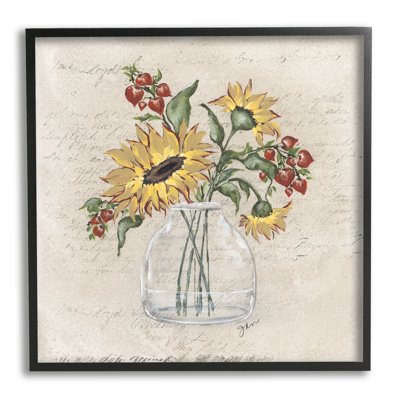 Stupell Industries Vintage Mixed Sunflower Arrangement By Julie Norkus - Floater Frame Graphic Art On Wood In Midnight Black Framed Giclee
