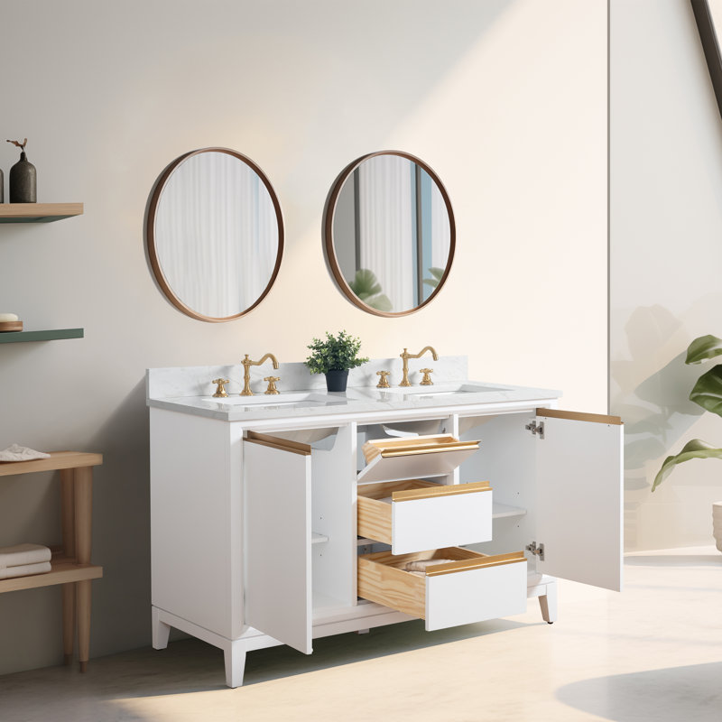 54 meuble-lavabo double avec comptoir 54, Blanc, 48", Simple