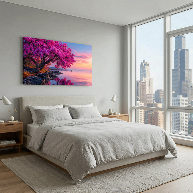 Arbre aux fleurs roses sur un rivage rocheux au coucher du soleil, tableau sur toile, 32"W x 16"H