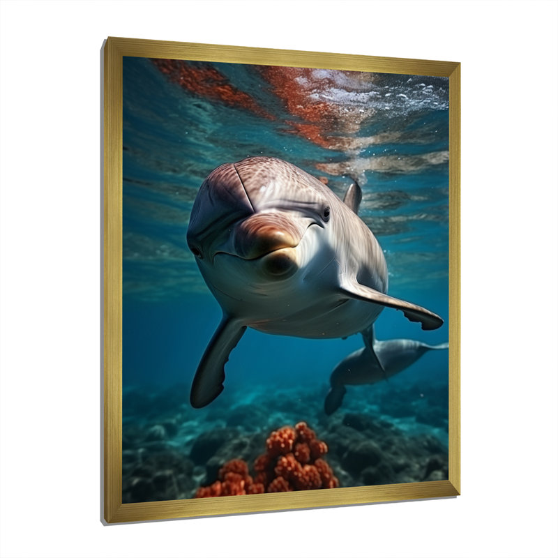 «Dolphin Serene Swim I» sur toile, Encadrement doré, H 32 po x l 16 po x P 1 po