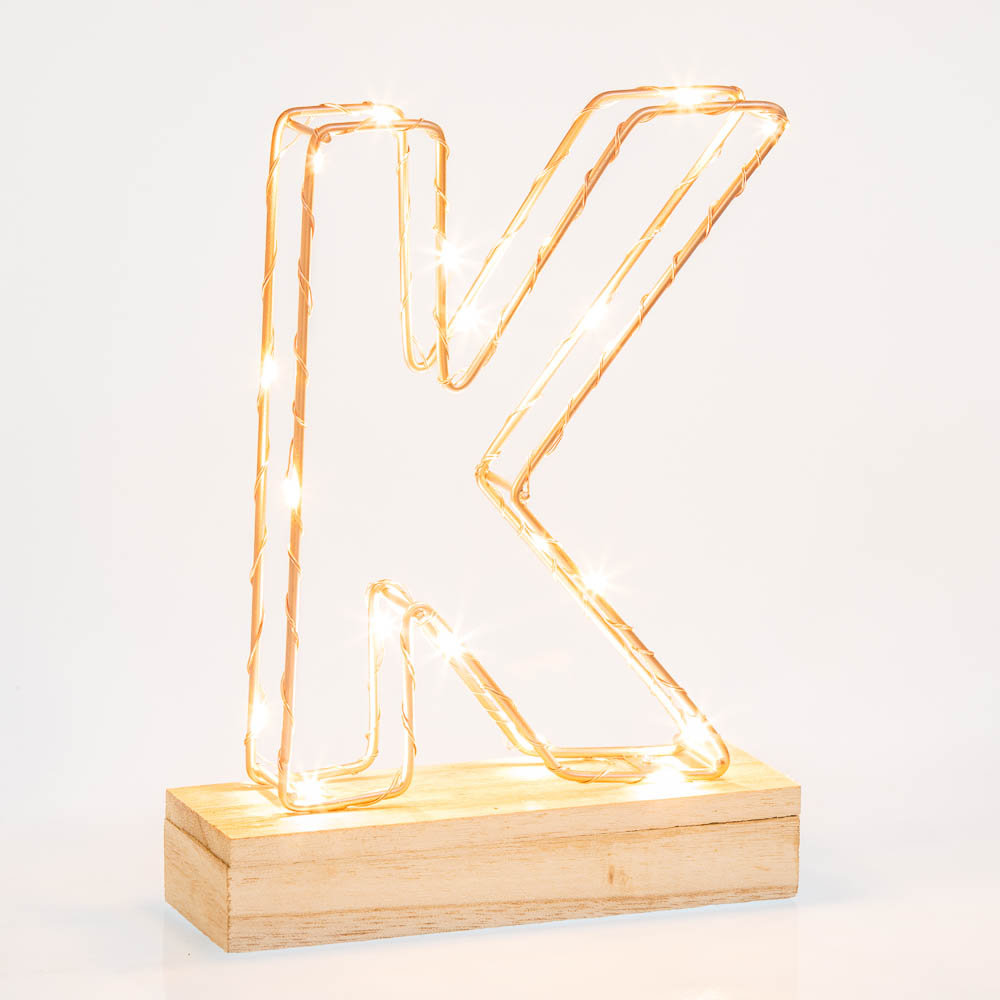 Light Up Letter Light - K - Copper/Gold Metal Wire Frame with LED - 22cm High - Freestanding - Battery Powered - Image 4