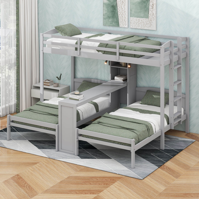 Lit superposé simple au-dessus de simple et simple avec bureau et tablettes de rangement, cadre de lit superposé triple en bois peu encombrant avec éclairage DEL