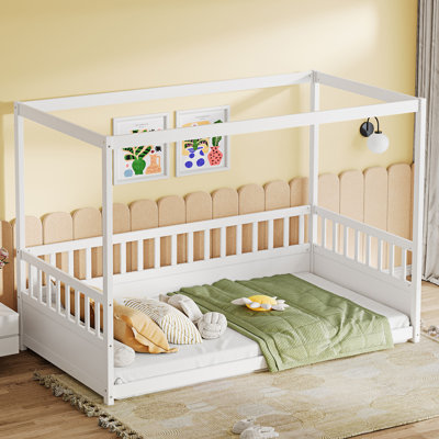Twin Size Wooden Canopy Floor Bed with Guardrails – Montessori Low-Profile Kids Bed Frame by Harriet Bee