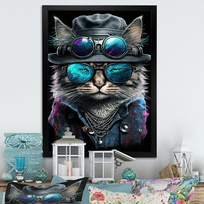 Art mural sur toile Cool Cat avec lunettes de soleil et chapeau III, Cadre photo noir, L 12 po x H 20 po
