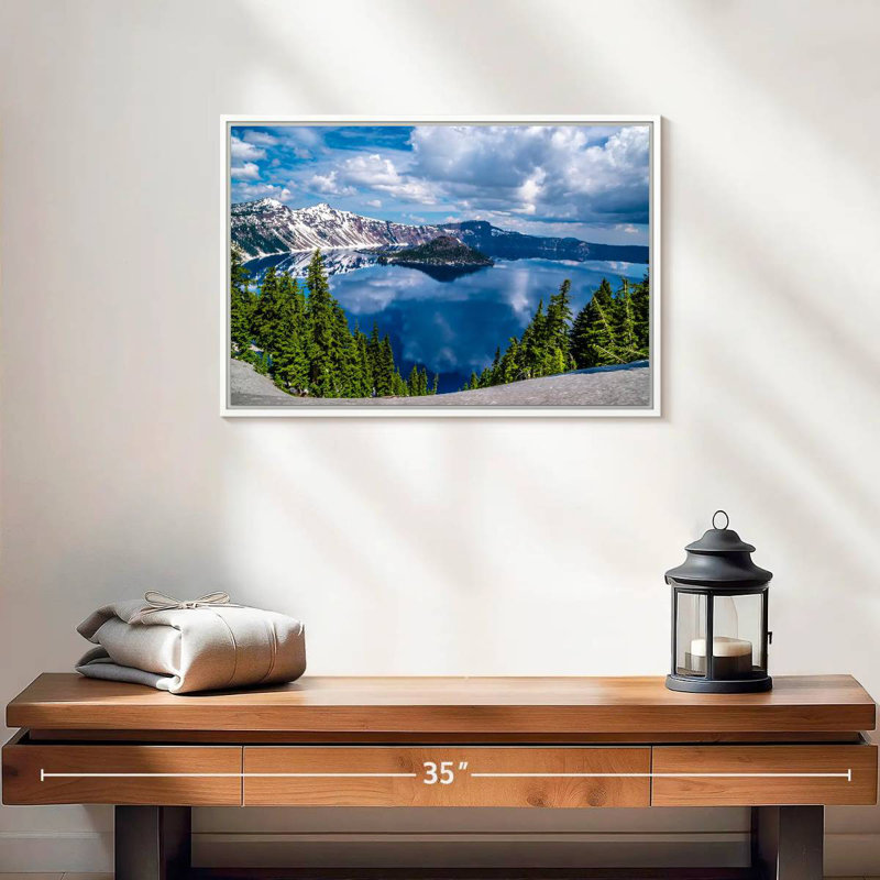 Point de vue du lac Crater, 19 po x 13 po, Cadre flottant blanc