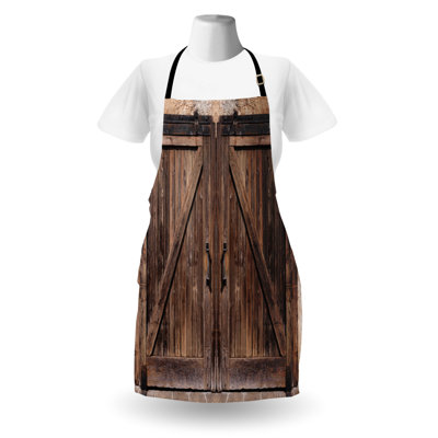 East Urban Home Rustic Apron Unisex, Wooden Barn Door Image, Adult Size, Brown