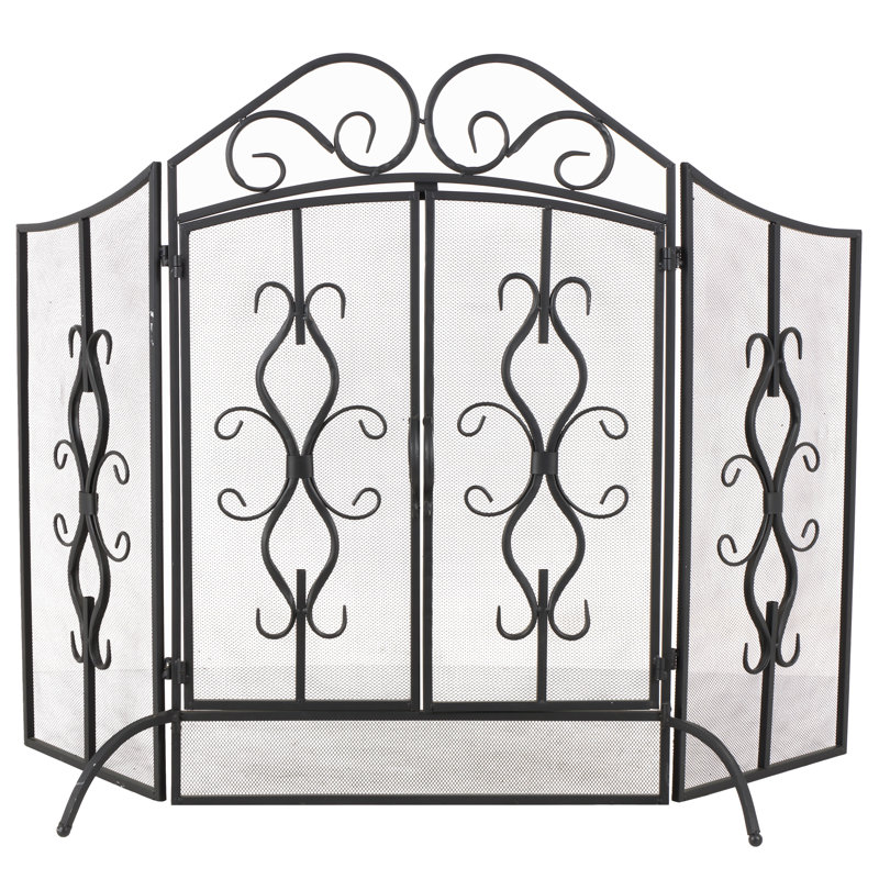 Joelynn Metal Foldable Mesh Netting 3 Panel Scroll Gray Fireplace Screen
