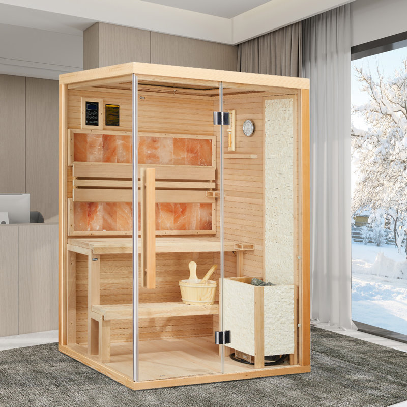 2-4 Person Traditional Indoor Steam Sauna with 2300W Heater, Wood Sauna Room with Himalayan Salt Bricks, 7-Color Ceiling Lights, Bluetooth Speaker, 220V