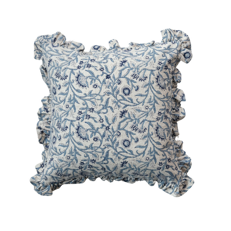 Square Floral Cotton Blend Pillow, Blue