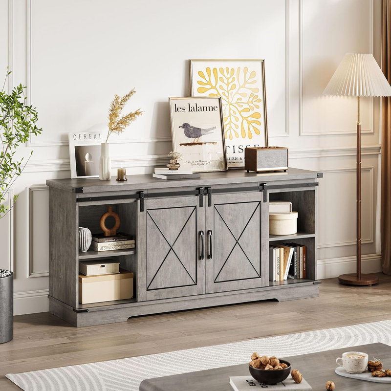 Meuble télé pour téléviseur de 65 po ou moins, centre de divertissement de ferme avec armoires de rangement et tablette réglable